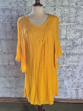 Mustard Crochet-Yoke Midi Dress with Bell Sleeves
